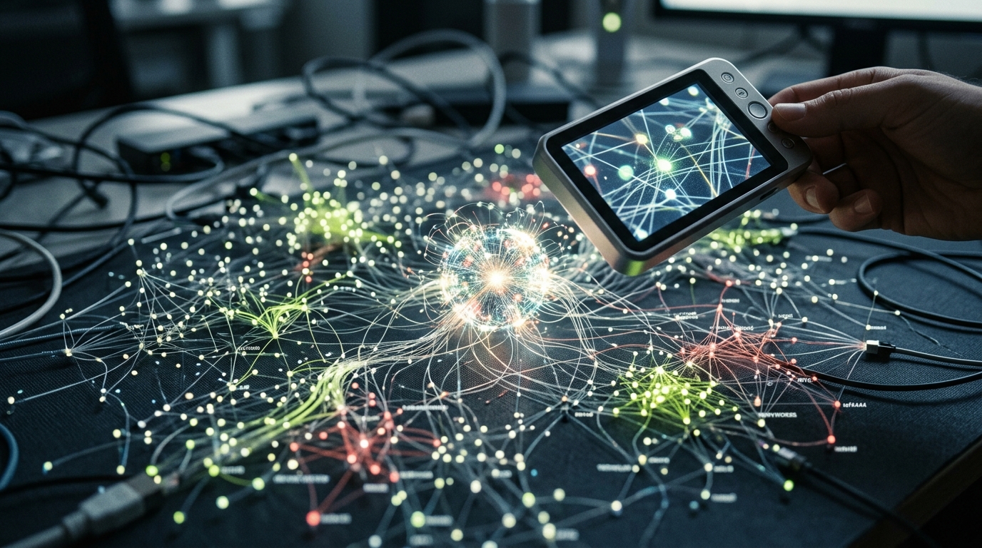 A digital magnifying glass analyzing a complex, glowing network of keywords and data points, with an AI core identifying strategic clusters for content.