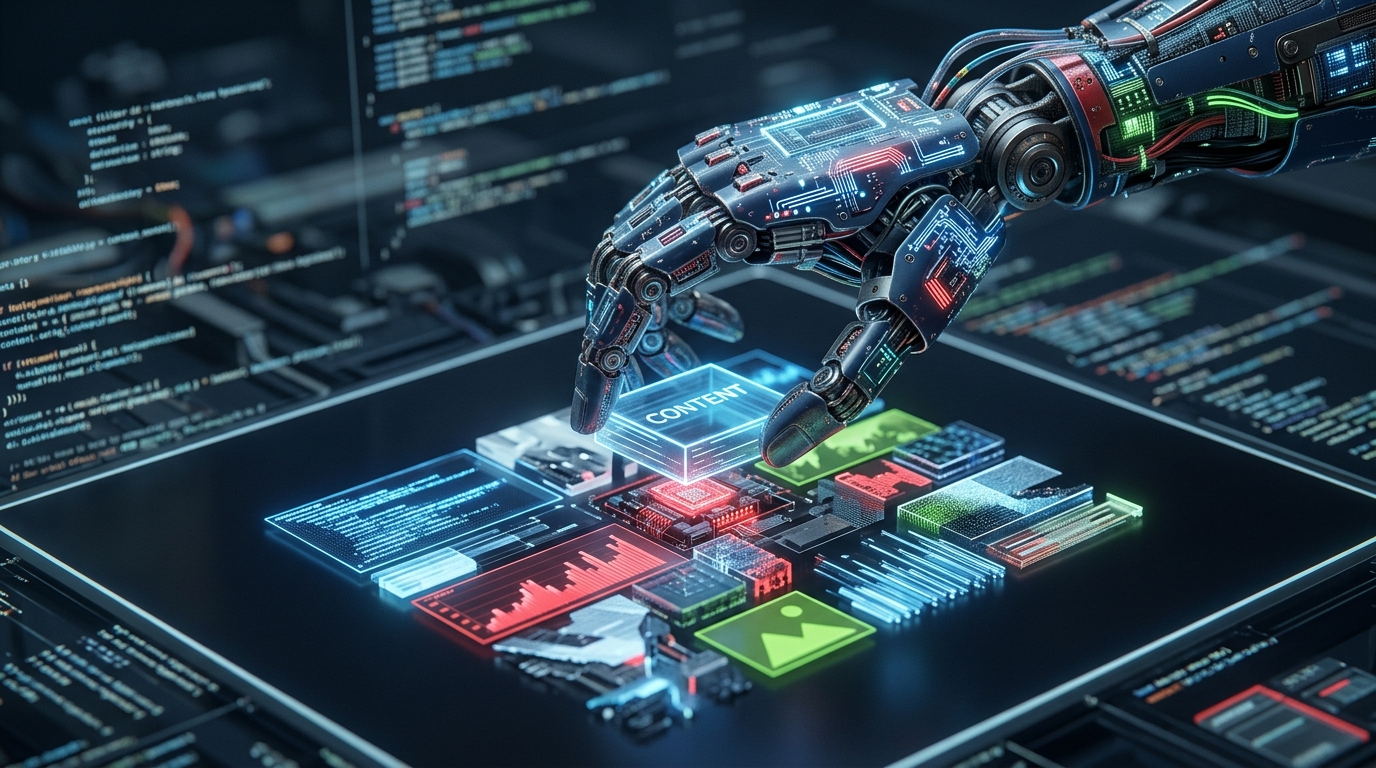 A futuristic robotic hand, made of light and circuits, meticulously constructing an optimized digital content piece on a screen, combining text and visual elements.