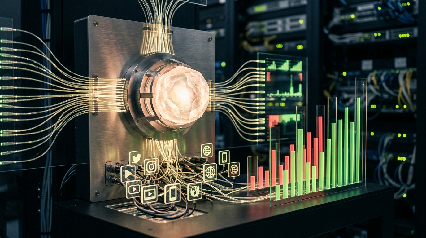 A central AI core monitoring a network of content publishing channels and displaying real-time performance metrics with dynamic, rising graphs and data streams.