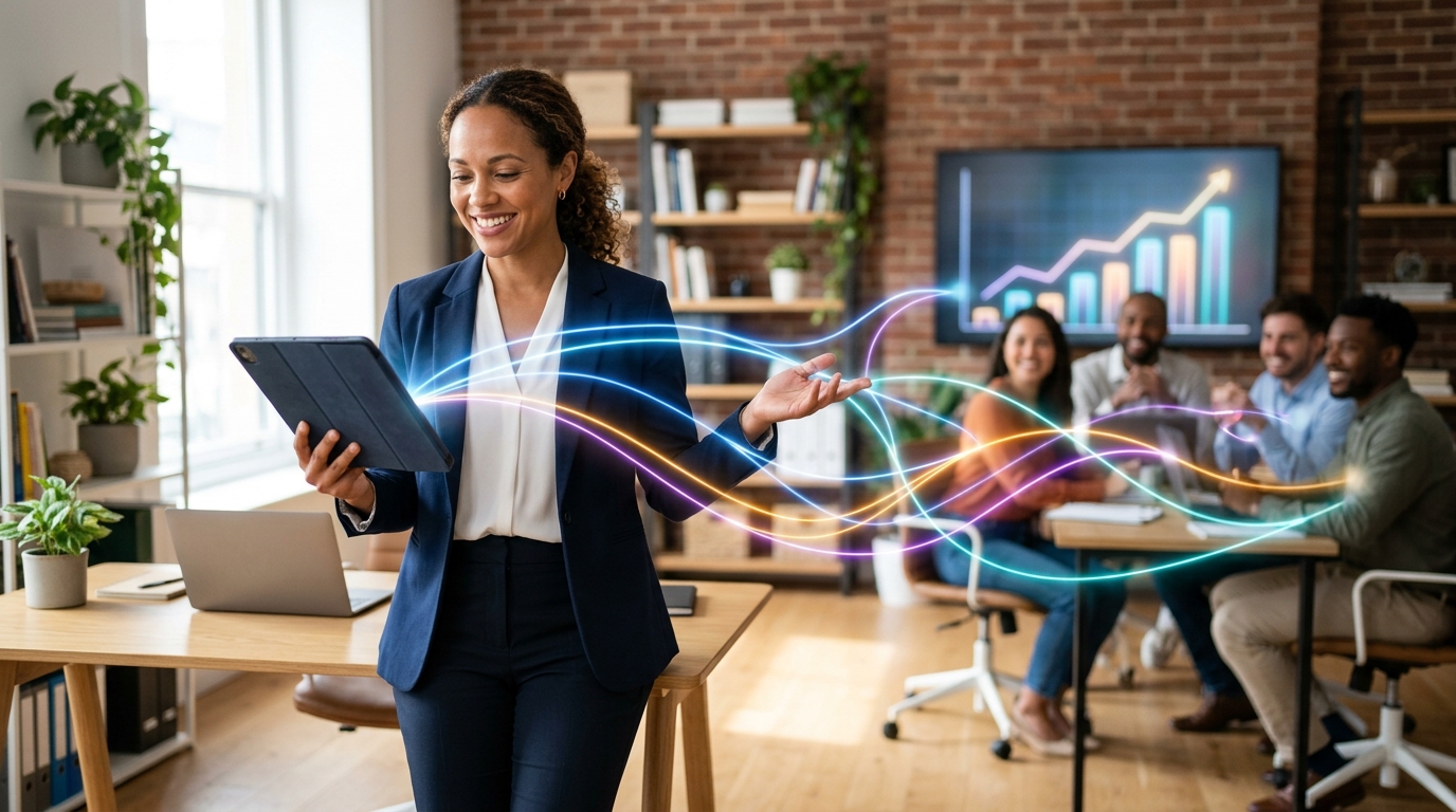 A confident small business owner overseeing a visual network of automated email marketing workflows leading to customer engagement and business growth.