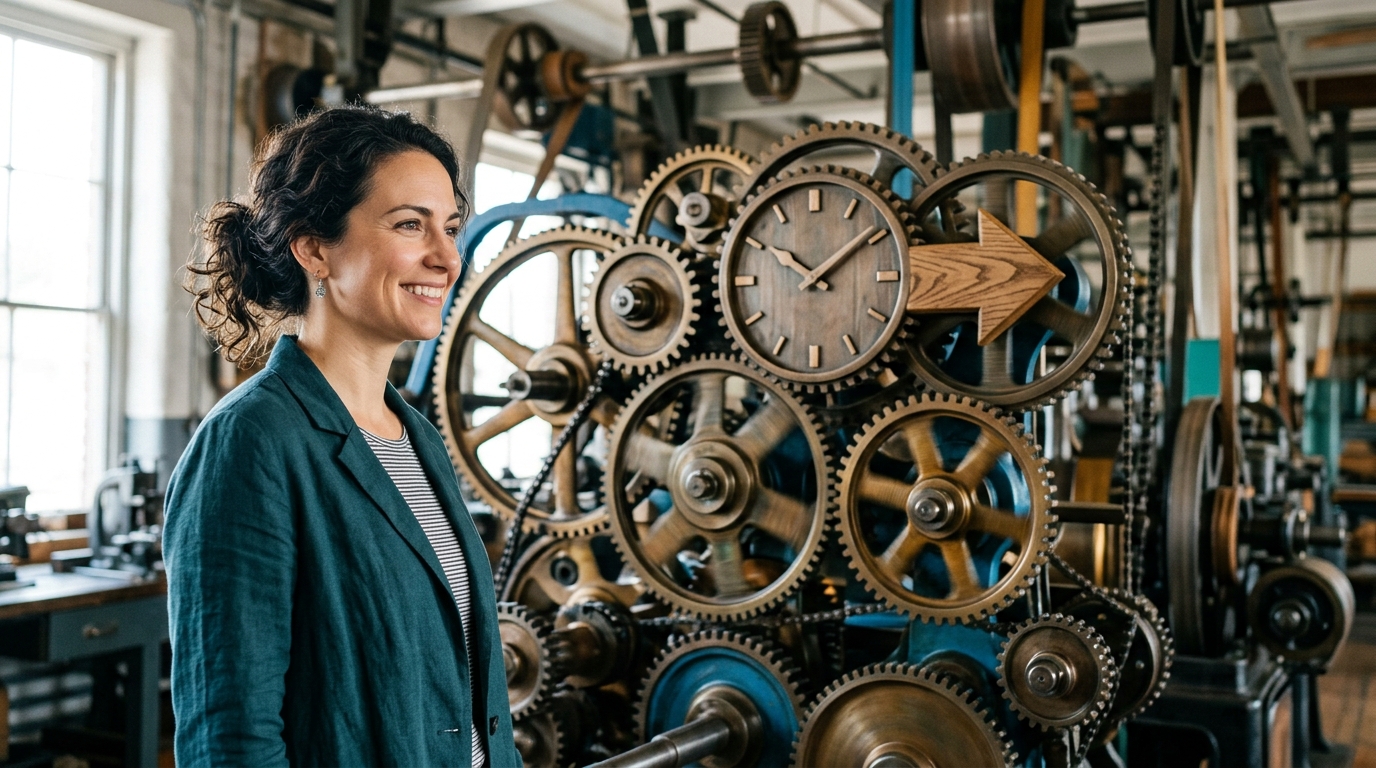 A calm person watching a system of smoothly turning gears, symbolizing time saved and increased operational efficiency.