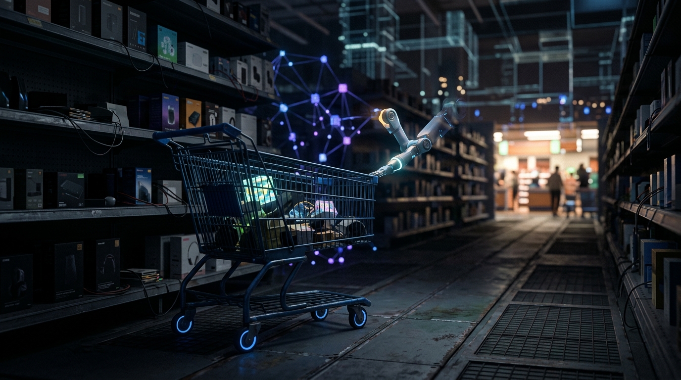 A digital shopping cart, left abandoned, being gently guided back towards a checkout by an automated light beam.