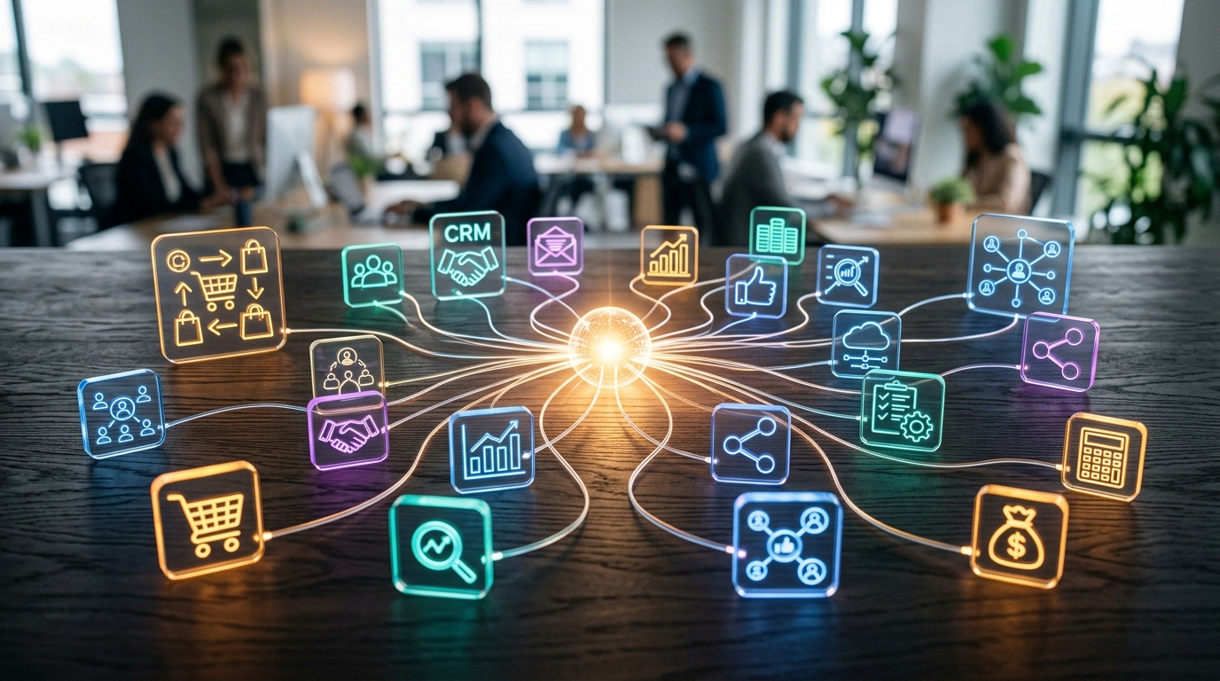 Diverse digital application icons connected by glowing lines, illustrating seamless integration within a business's technology stack.