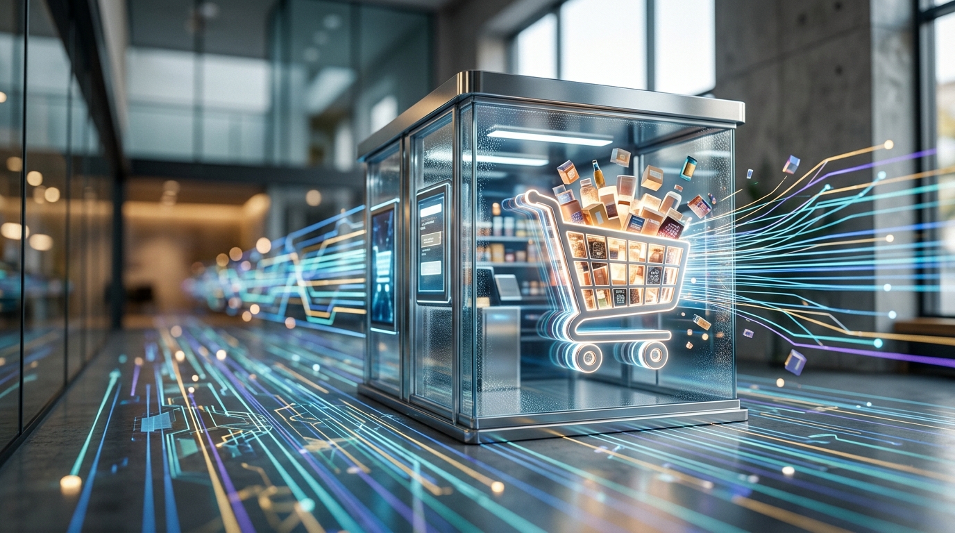 Glowing lines and digital elements representing automated processes converging towards a growing online shopping cart filled with products, symbolizing e-commerce sales growth.