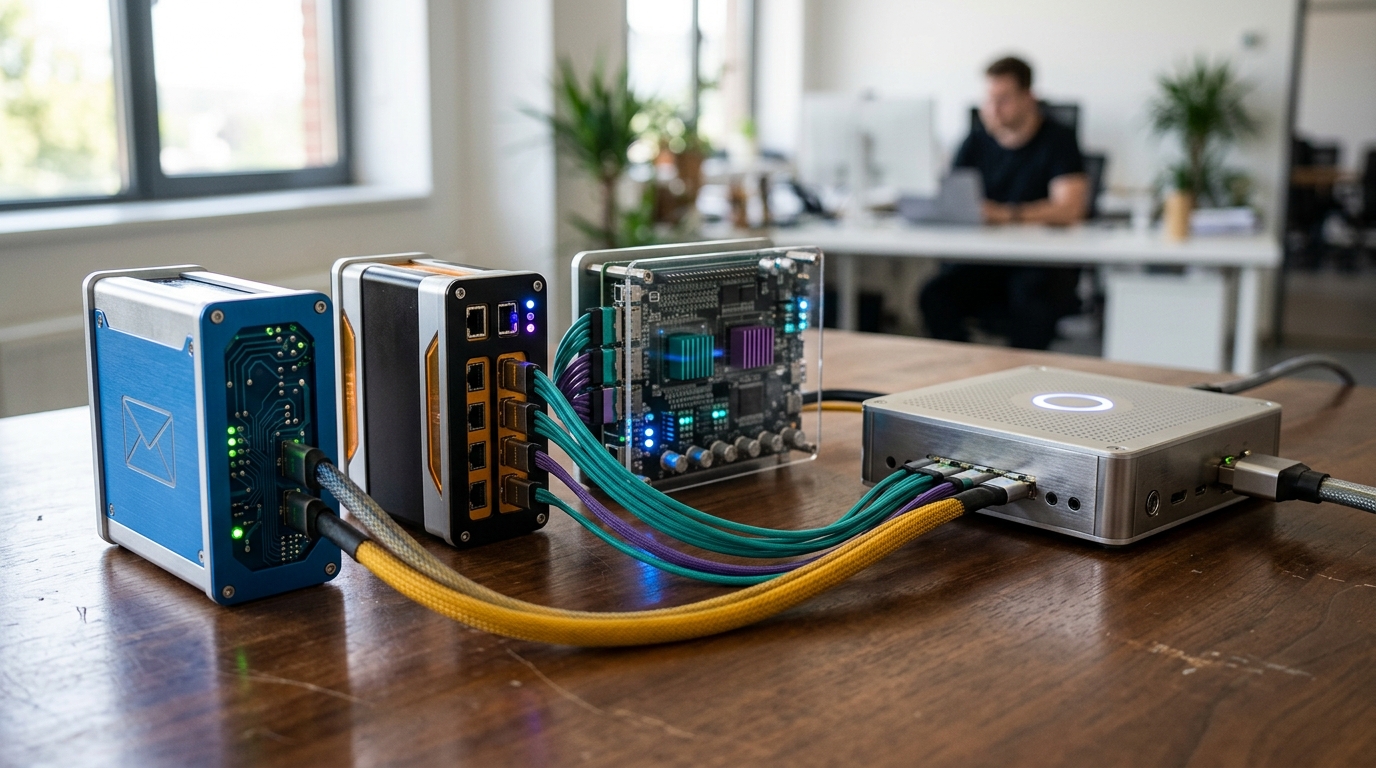Interconnected modules representing email marketing, customer segmentation, and analytics flowing into a central processing unit, illustrating an automation platform.