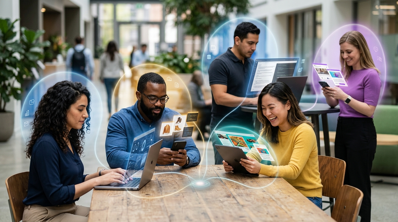 Diverse individuals interacting with digital devices, surrounded by personalized content and connected by subtle lines, representing a unified customer experience.
