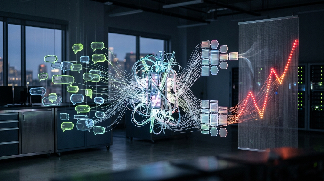An abstract AI entity generating content that leads to high search rankings and conversational AI responses.