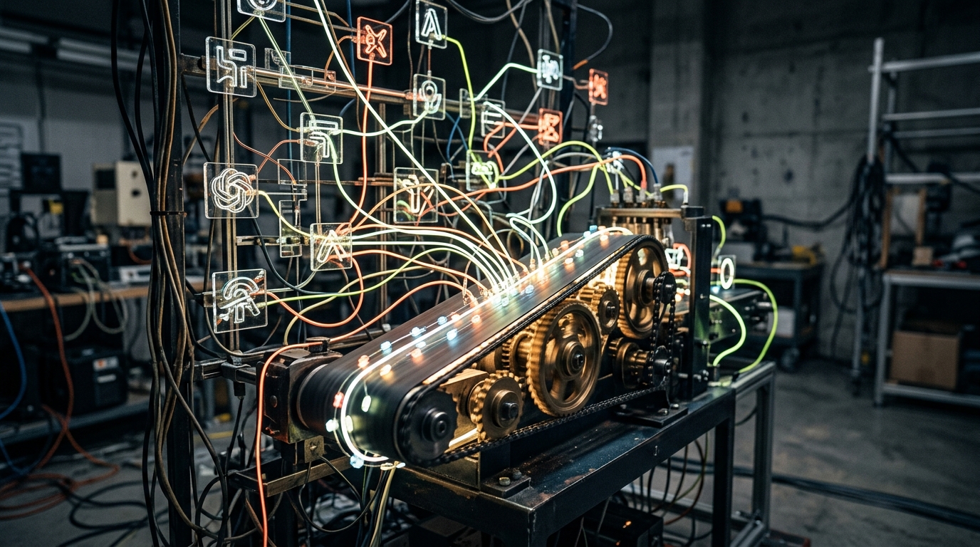 An interconnected network of abstract AI tools streamlining a fast-moving workflow.