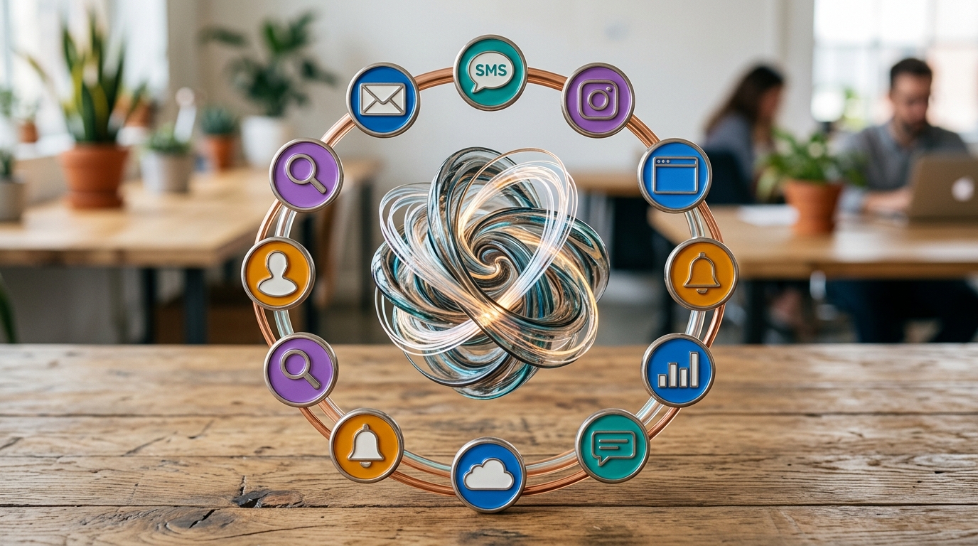 A visual diagram showing various digital communication channels interconnected by flowing lines, forming a seamless, unified system around a central data processing symbol.