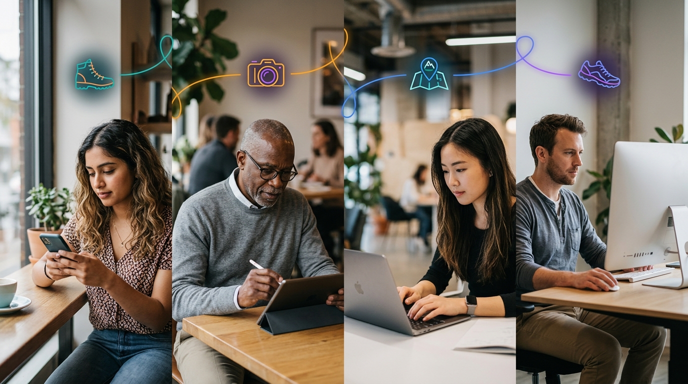 Diverse individuals receiving personalized messages and experiences across multiple digital devices, illustrating a tailored and continuous customer journey.