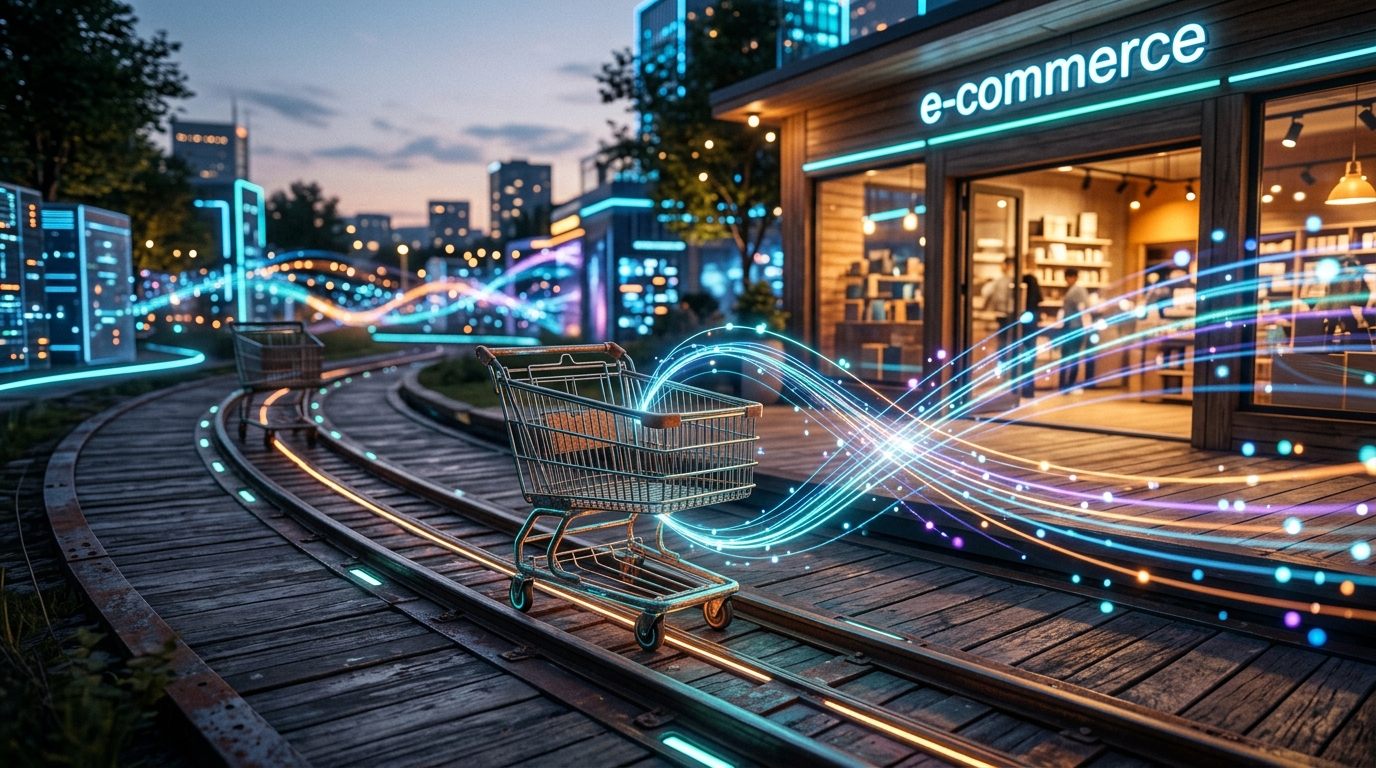A digital shopping cart being guided back towards an online store by glowing email and data streams, symbolizing successful abandoned cart recovery and integration.