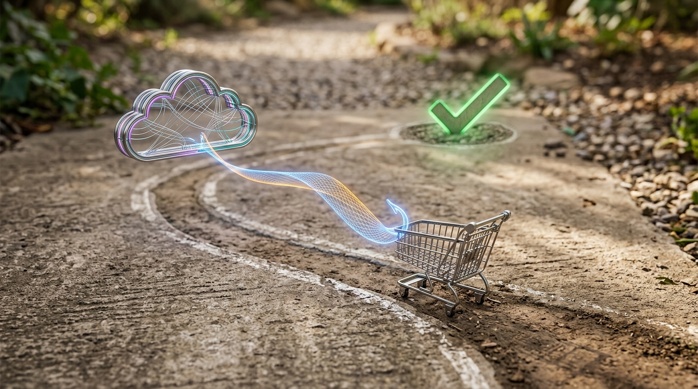 A shopping cart icon drifting off an online purchase path, then being caught and pulled back by a digital net extending from a software cloud icon, illustrating abandoned cart recovery.