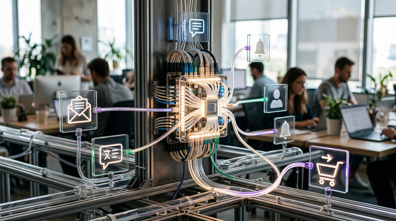 A central marketing automation hub connecting to icons for email, SMS, social media, and web push notifications, with one connection specifically linking to a shopping cart, showing integrated…
