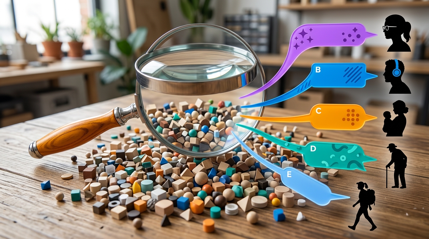 A magnifying glass over diverse data points, from which uniquely tailored message bubbles are directed towards different customer profile silhouettes, representing personalization and segmentation.