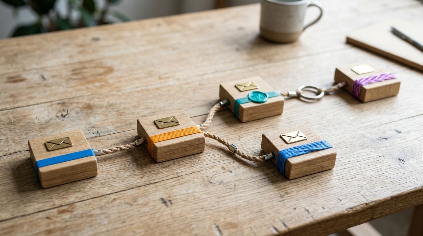 A visual diagram illustrating the three essential automated email flows: a welcome series, an abandoned cart recovery sequence, and a post-purchase follow-up, showing their interconnectedness in a…