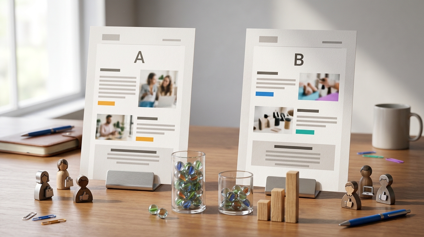An image depicting A/B testing, with two different email designs being sent to two distinct customer groups, and a visual representation of their varying engagement results.