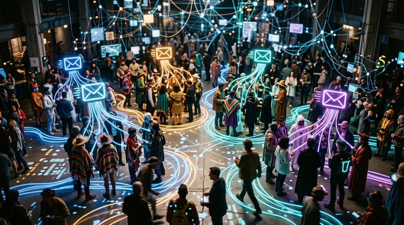 Diverse customer avatars in an e-commerce setting being sorted into distinct segments, with targeted email icons flowing to each group, illustrating effective email marketing.