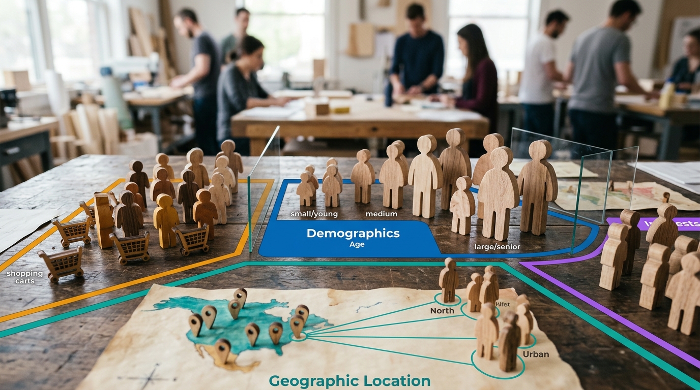 Abstract customer figures visually categorized into segments based on age, shopping behavior, and geographic location.