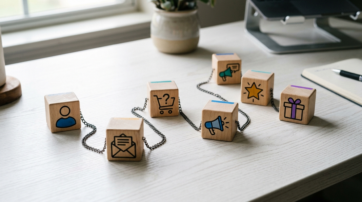 Visual representation of automated email marketing workflows, including welcome emails for new customers, re-engagement emails for abandoned carts, and special offers for loyal customers.