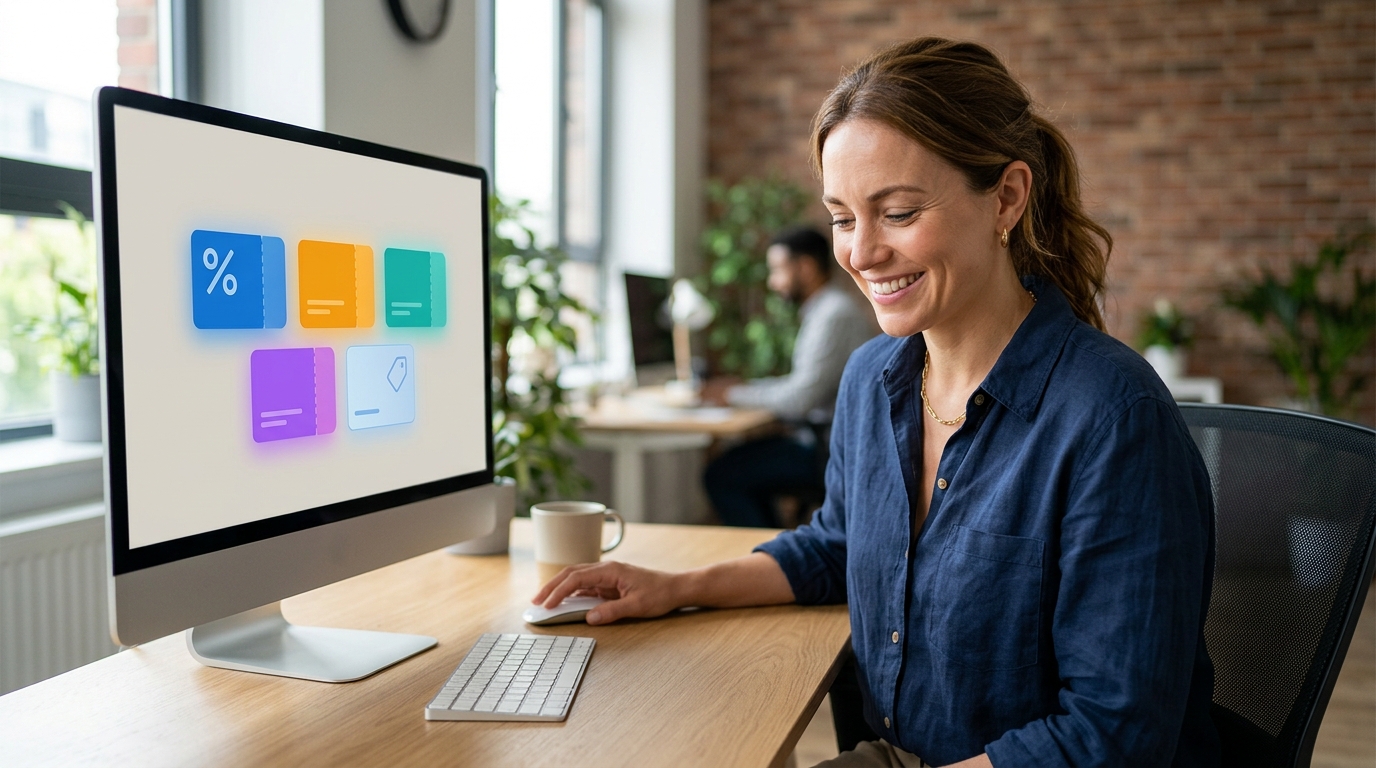 A smiling person calmly and easily organizing multiple distinct discount code elements on a digital workspace, conveying simplicity and control in managing campaigns.
