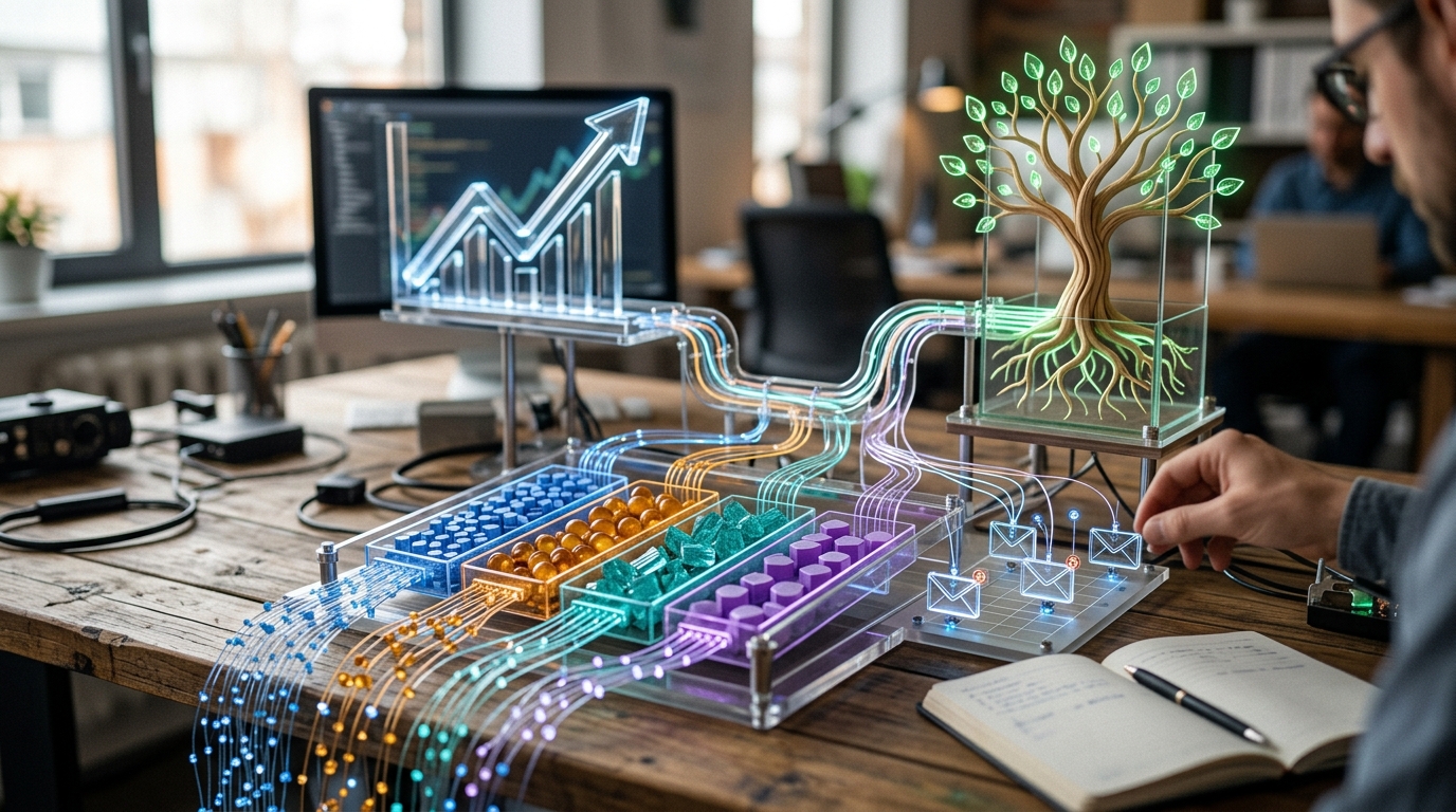 A visual metaphor showing customer data being analyzed and sorted into distinct segments (Recency, Frequency, Monetary), then linked to automated marketing actions that contribute to business growth…